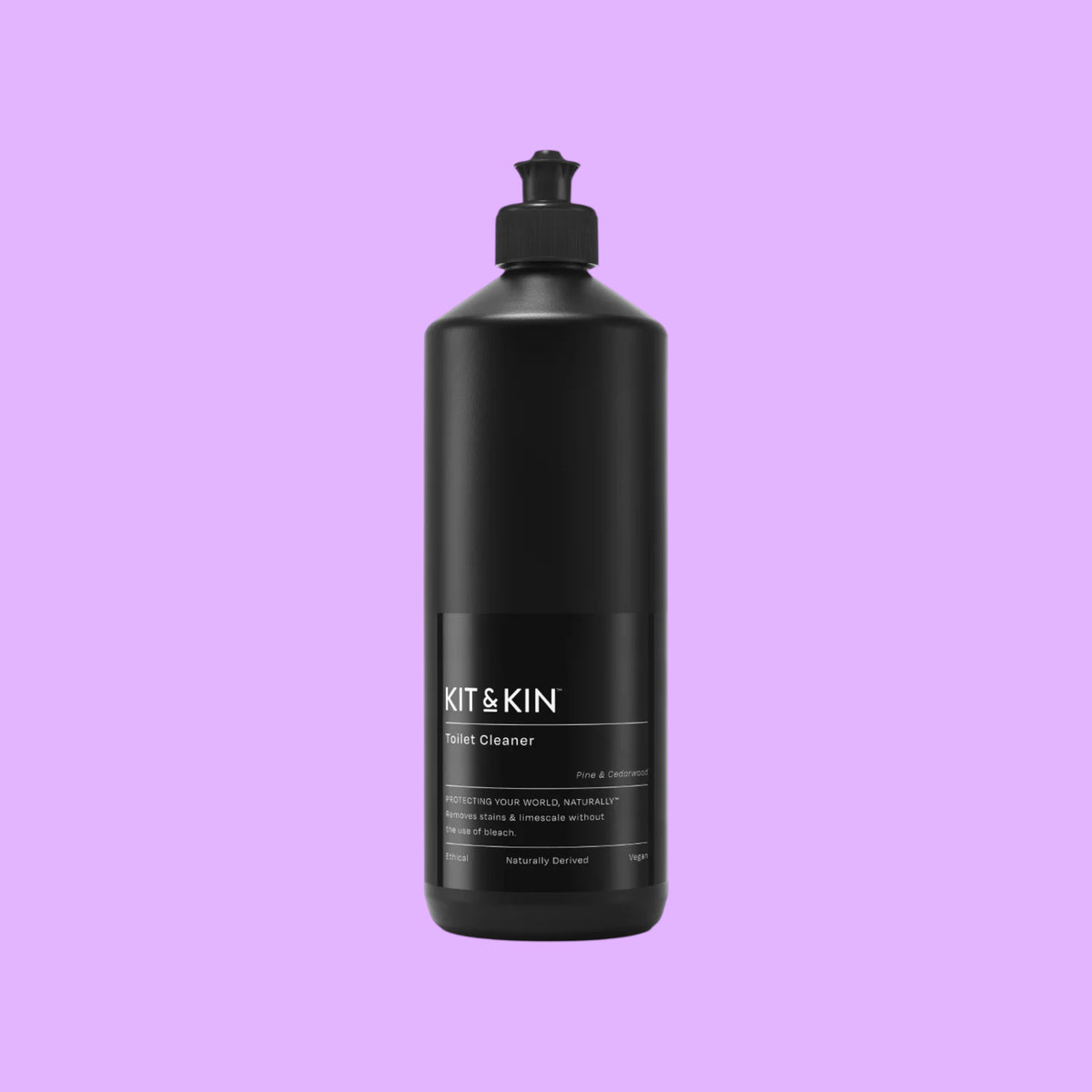 Kit & Kin plant-based toilet cleaner in a black bottle with pine and cedarwood scent (view 2).
