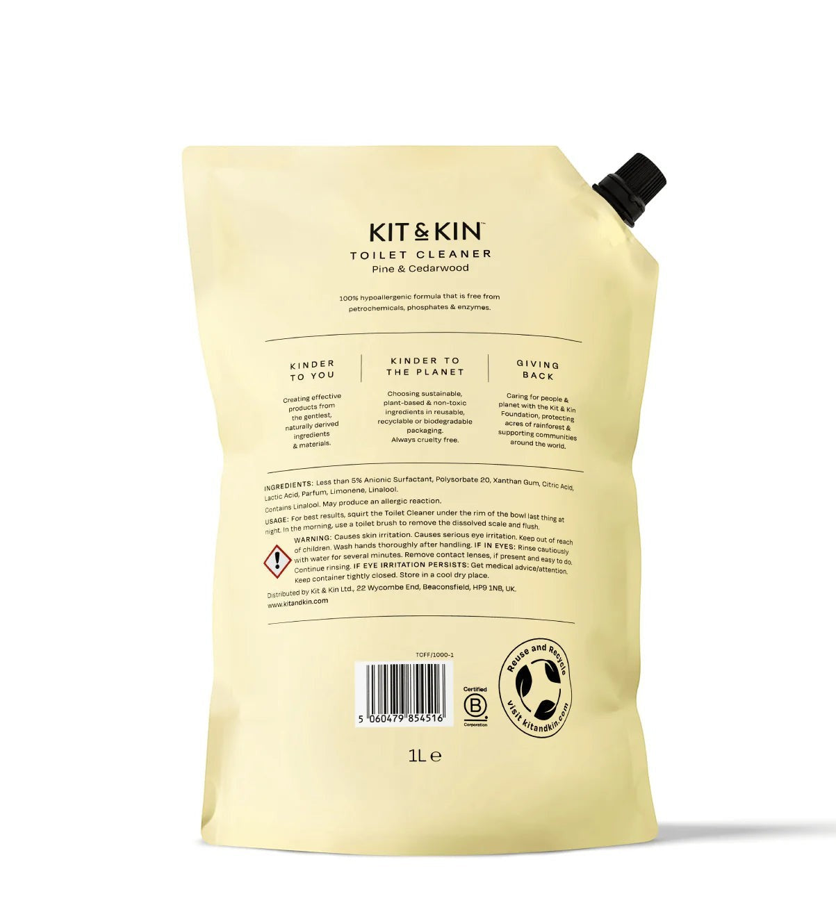 Kit & Kin eco-friendly toilet cleaner refill pouch with pine and cedarwood scent in a sustainable 1L bag