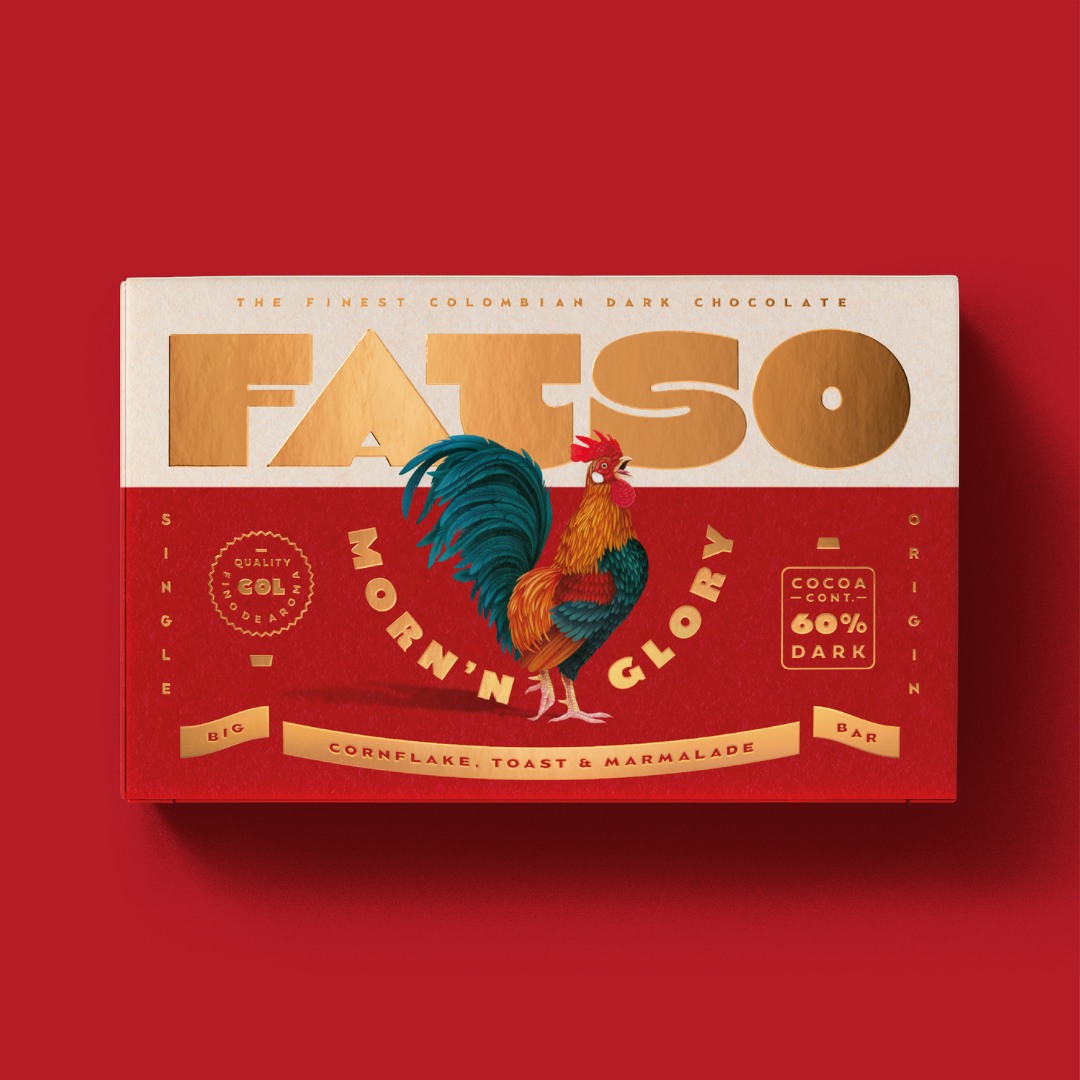 Fatso Morn'n Glory 60% dark Colombian chocolate bar packaging featuring a rooster illustration on a red background