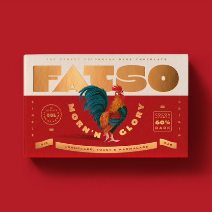 Fatso Morn'n Glory 60% dark Colombian chocolate bar packaging featuring a rooster illustration on a red background