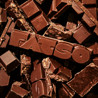 Fatso Morn'n Glory 60% dark Colombian chocolate bar with crunchy cornflakes, toast pieces, and orange marmalade.