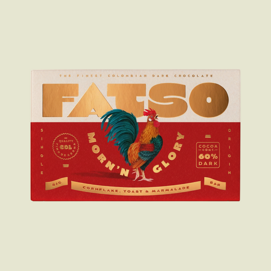 BRiMM Morn'n Glory 60% dark Colombian chocolate bar with cornflake, toast, and marmalade flavor in red packaging.