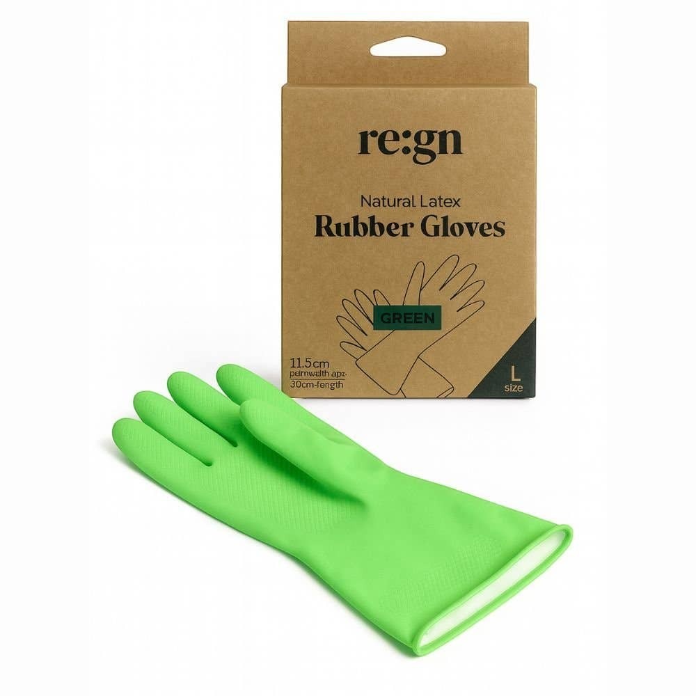 Re:gn natural latex rubber gloves in bright green with sustainable packaging for household cleaning