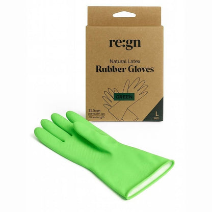 Re:gn natural latex rubber gloves in bright green with sustainable packaging for household cleaning