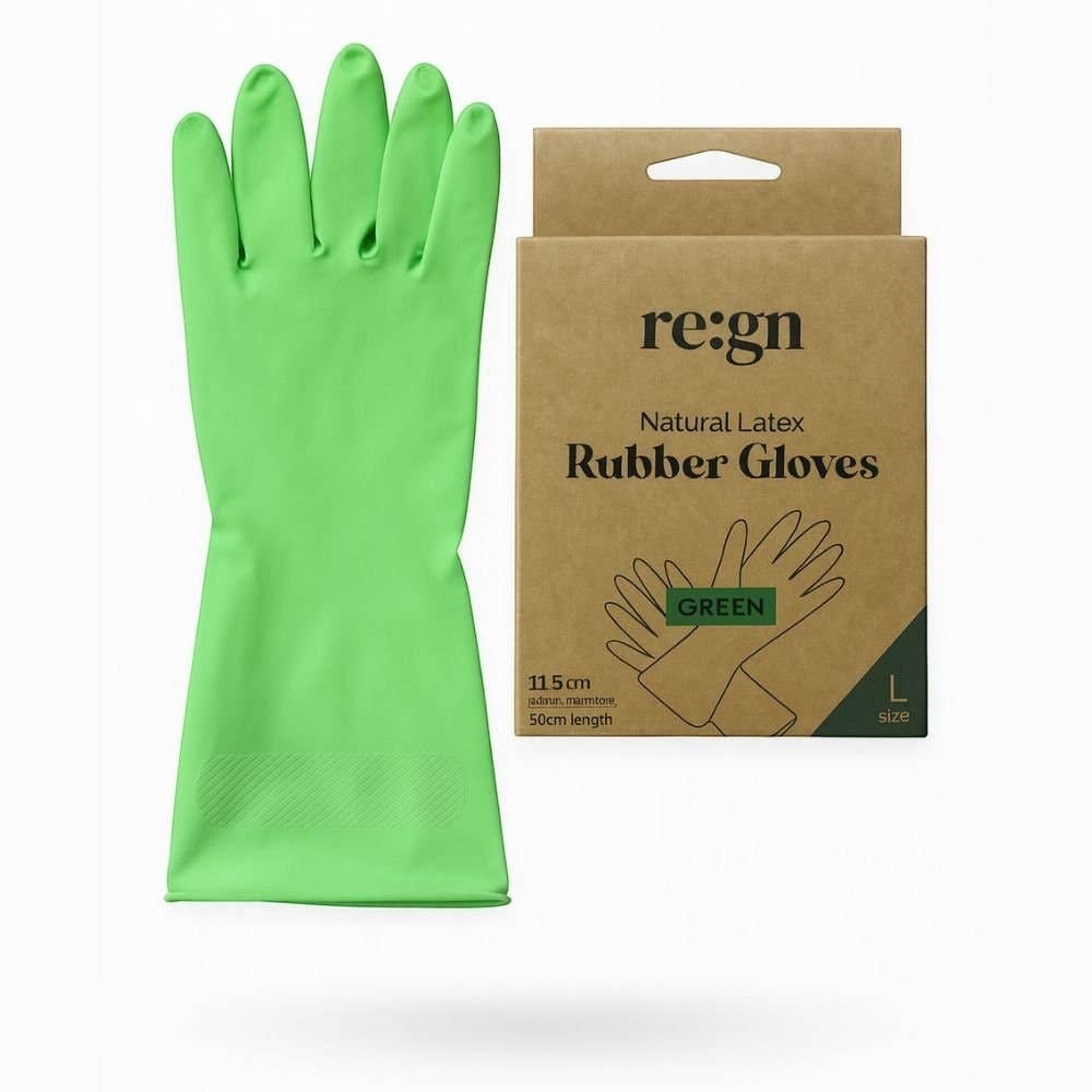 Re:gn natural latex rubber gloves in bright green with sustainable cardboard packaging for household cleaning