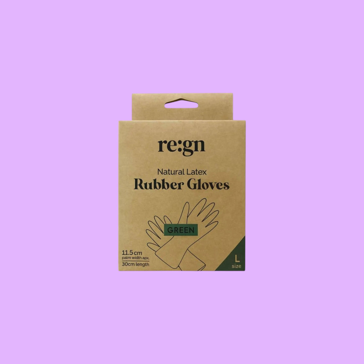 Re:gn natural latex rubber gloves in sustainable cardboard packaging, shown from a different angle.