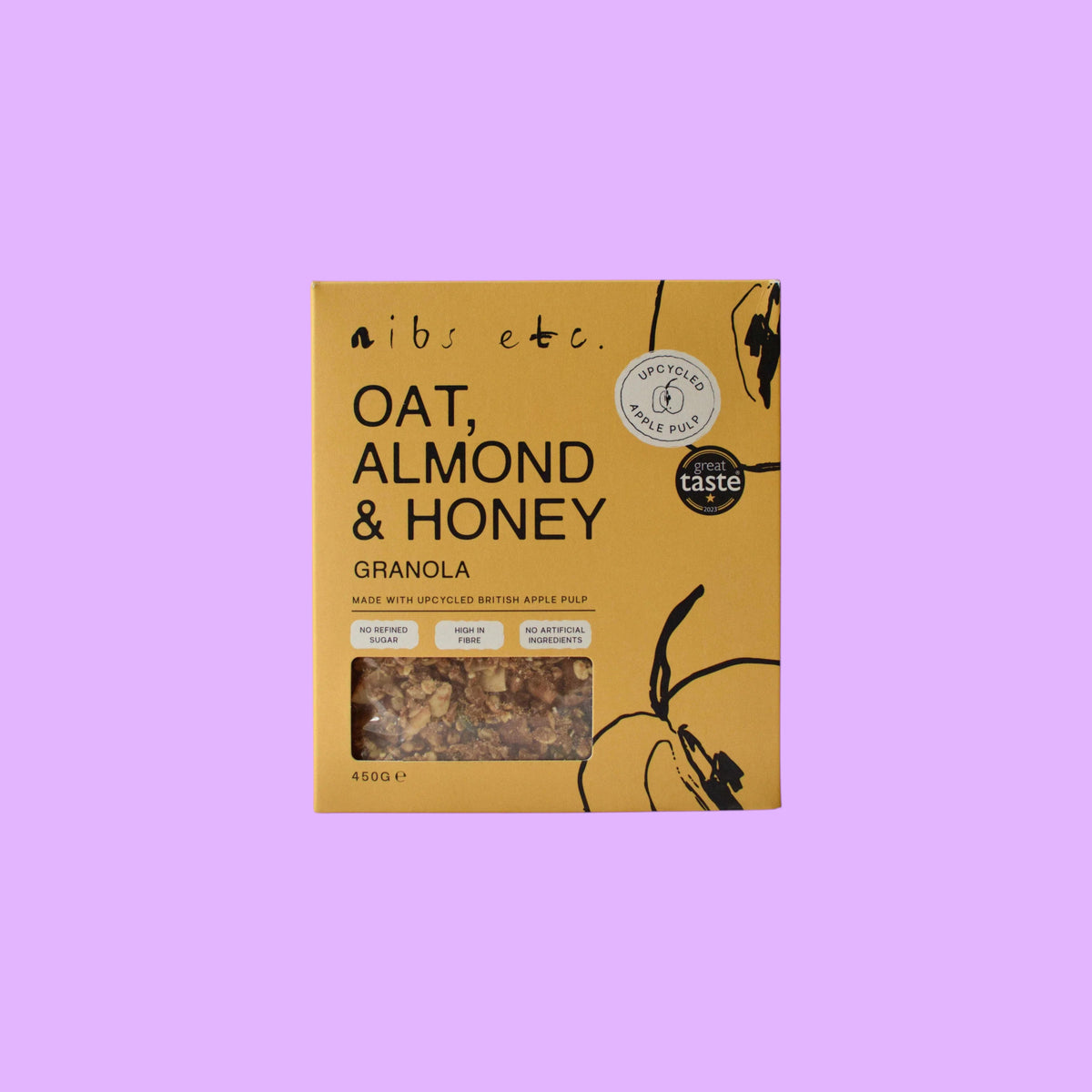 Nibs Etc. Oat, Almond & Honey Granola in a sustainable yellow box with upcycled apple pulp ingredients