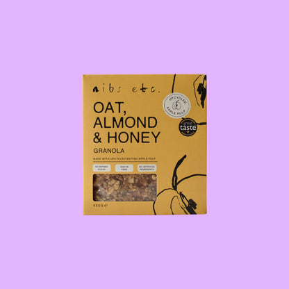 Nibs Etc. Oat, Almond & Honey Granola in a sustainable yellow box with upcycled apple pulp ingredients