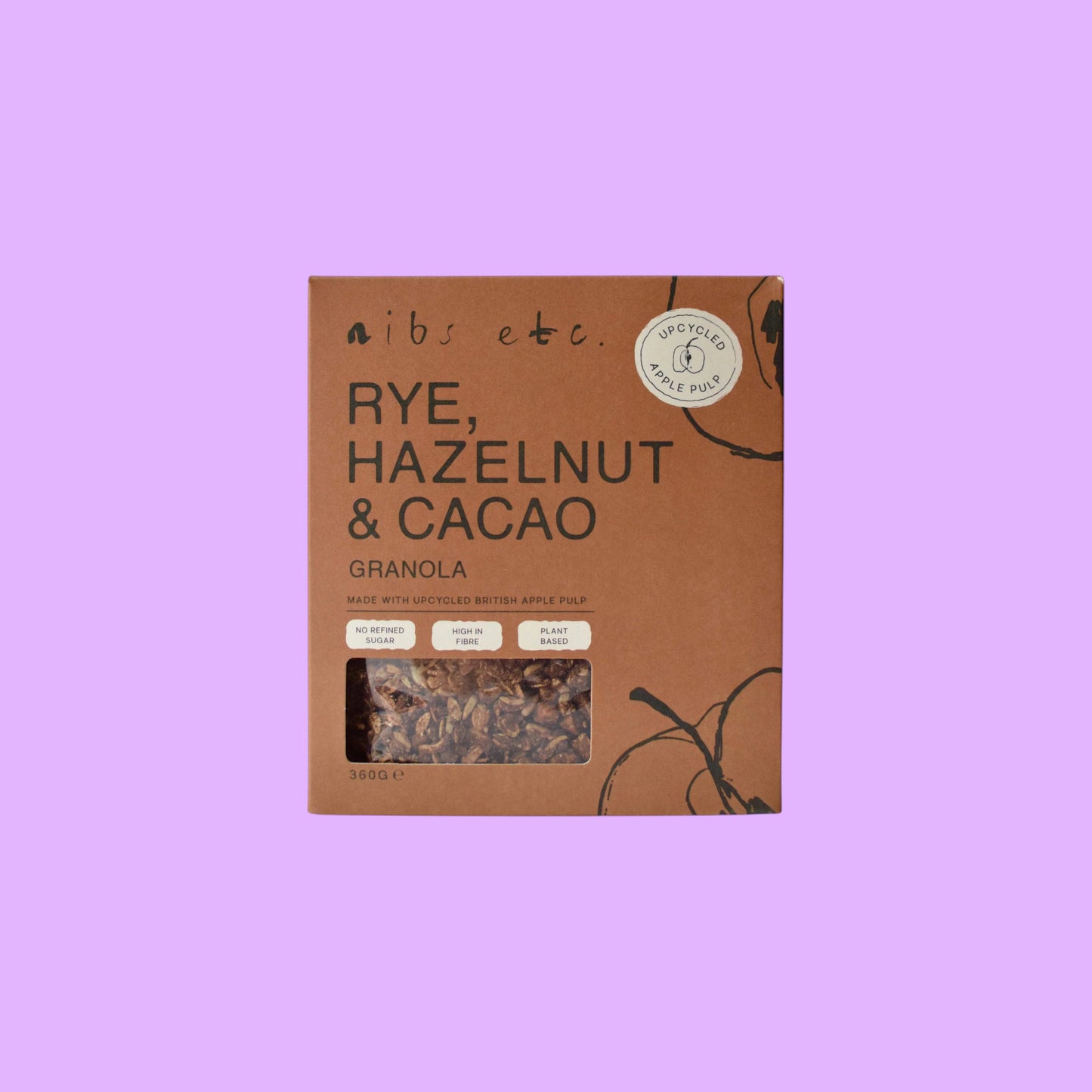Nibs Etc. Rye, Hazelnut & Cacao Granola in a brown eco-friendly box with a window showing the product inside.