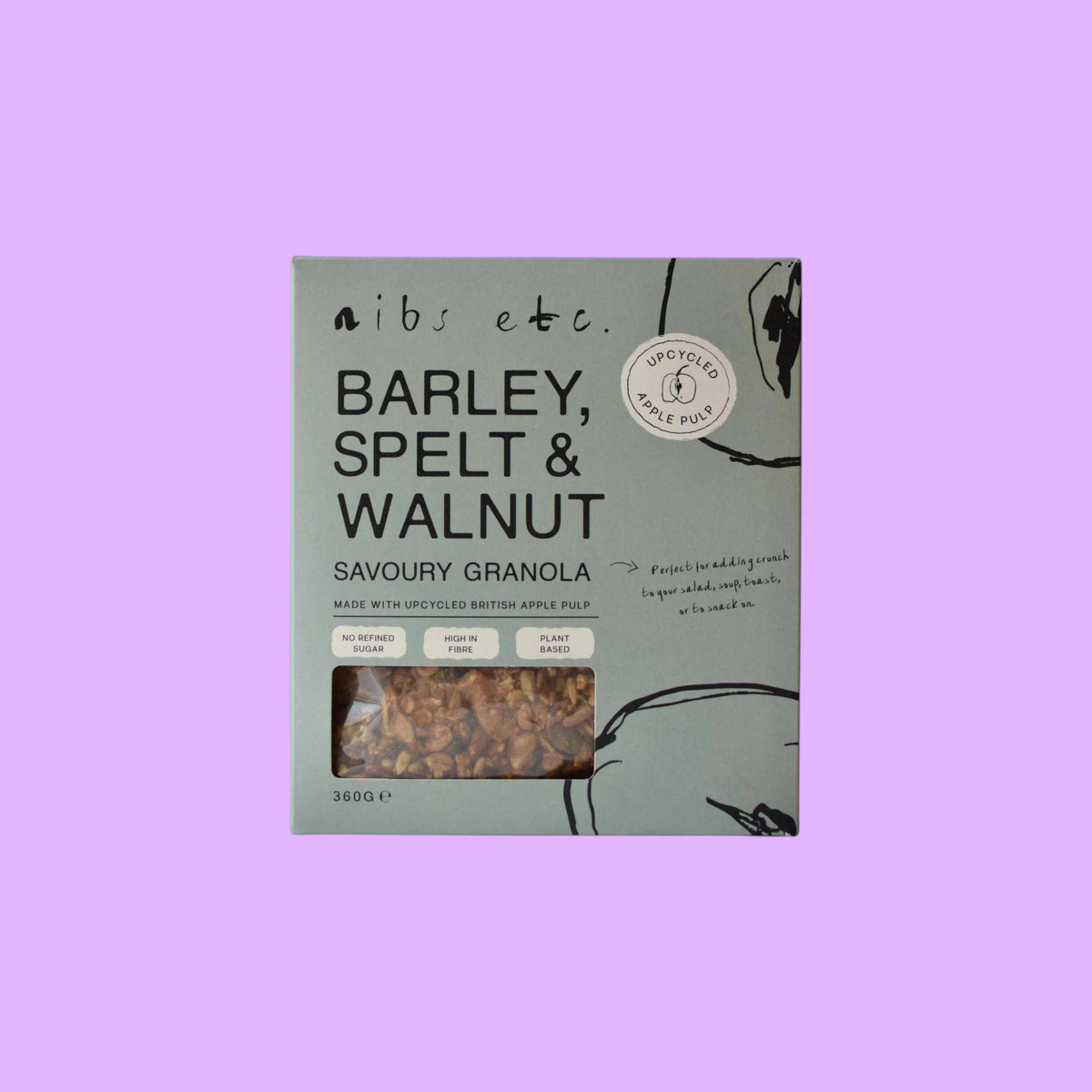 Nibs Etc. savoury granola box with barley, spelt, and walnuts, featuring upcycled apple pulp packaging.