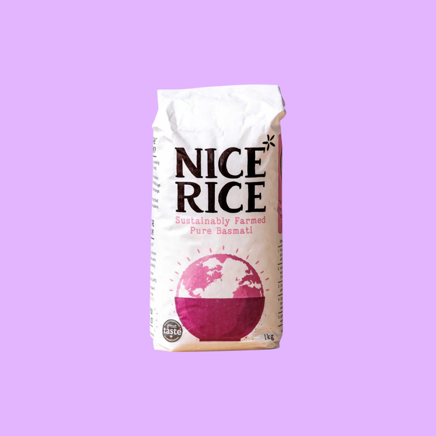 Nice Rice sustainably farmed pure basmati rice in a 1kg white paper bag with pink globe graphic