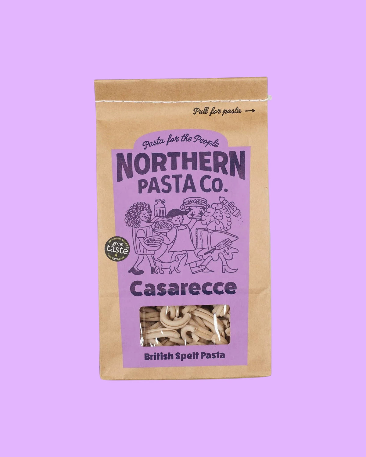 Northern Pasta Co. Casarecce in a brown paper bag with a purple label and clear window showing the pasta shape.