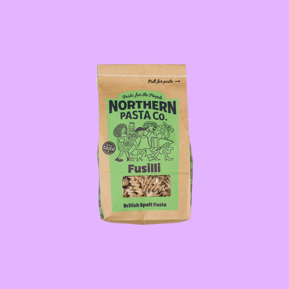 Northern Pasta Co. fusilli in a brown paper bag with a clear window showing the spiral spelt pasta shapes.