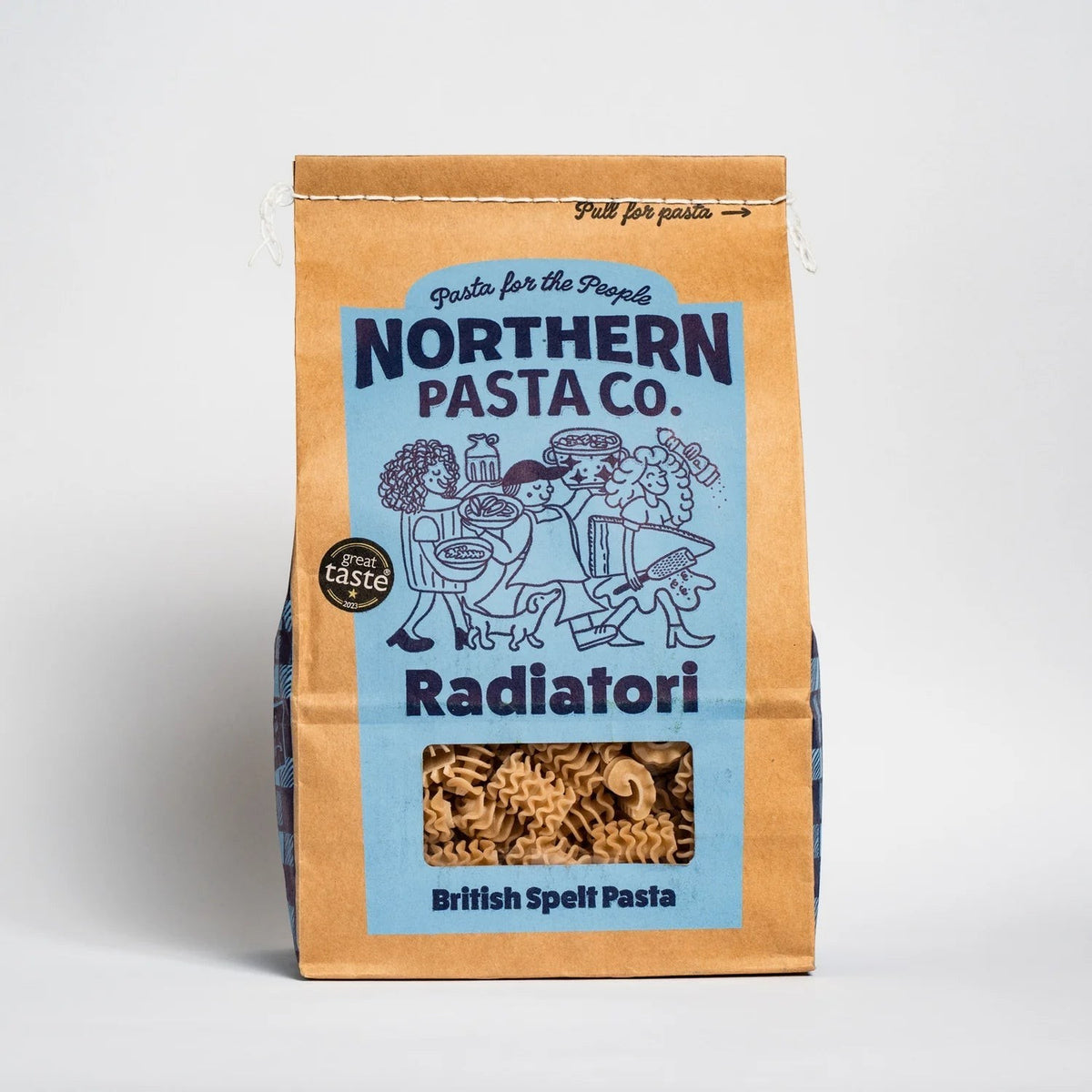 Northern Pasta Co. Radiatori pasta in a brown paper bag with blue illustrated label and Great Taste award seal.