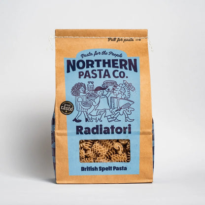 Northern Pasta Co. Radiatori pasta in a brown paper bag with blue illustrated label and Great Taste award seal.