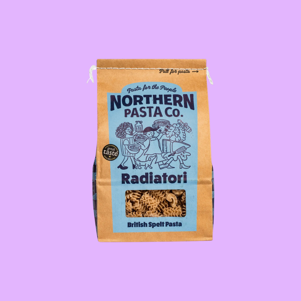 Northern Pasta Co. Radiatori in a brown paper bag with blue branding and a window showing the ruffled pasta.