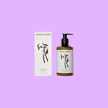 Austin Austin Palmarosa & Vetiver hand cream bottle and box with black ink line art illustration on a cream background.