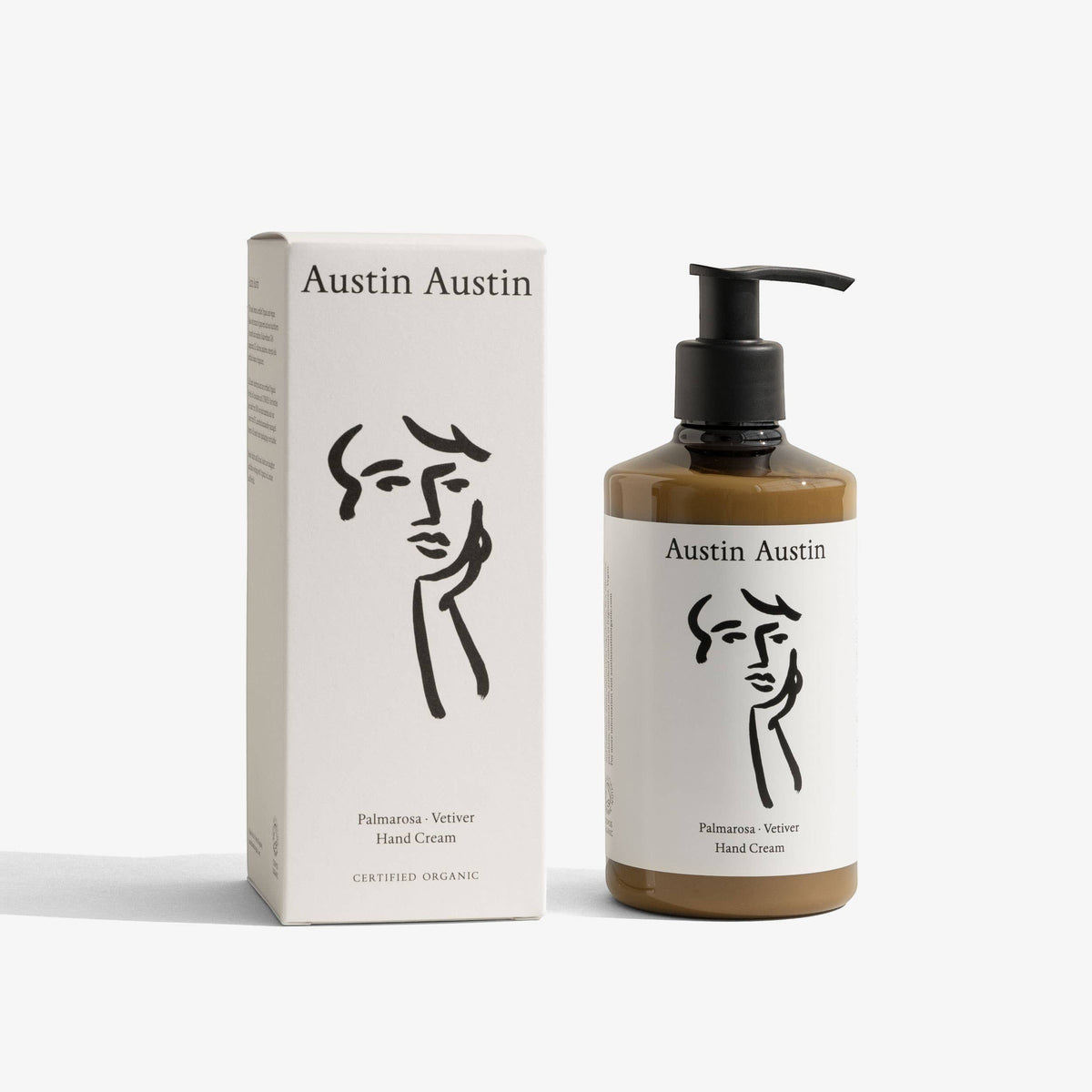 Austin Austin Palmarosa & Vetiver hand cream bottle and box with black ink line art illustration on a white background.