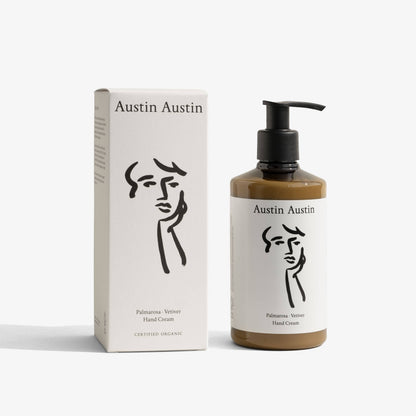 Austin Austin Palmarosa & Vetiver hand cream bottle and box with black ink line art illustration on a white background.