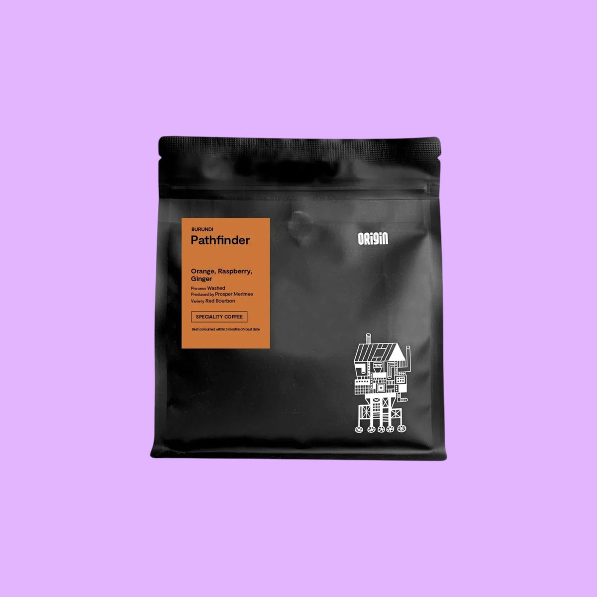 Origin Coffee Pathfinder whole bean coffee in a black resealable bag with an orange label featuring tasting notes