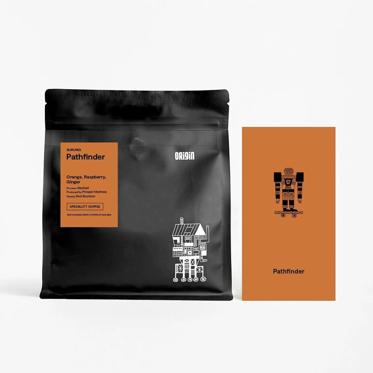 Origin Coffee Pathfinder whole bean coffee bag in black with orange label and matching informational card on white background