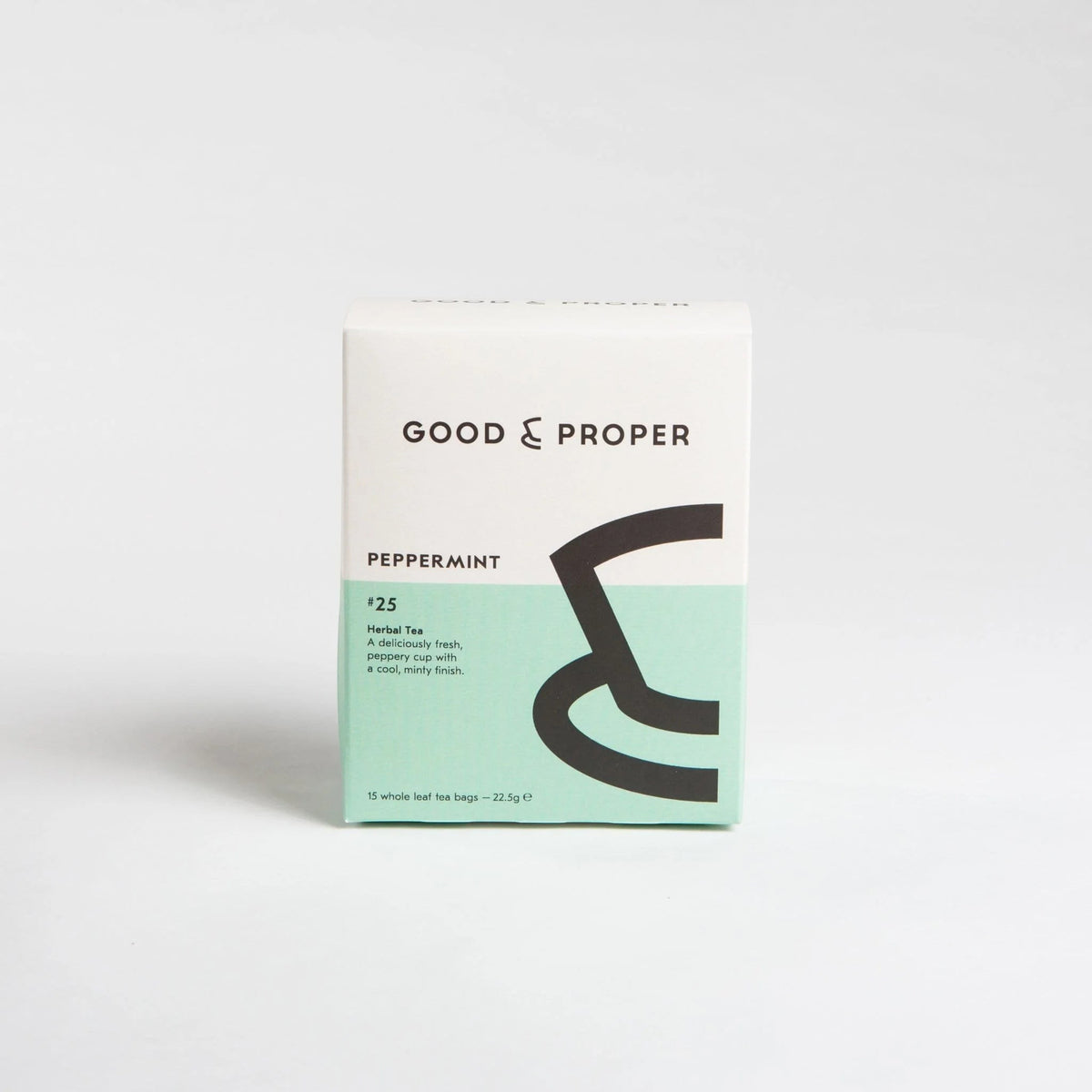 Good & Proper Tea Peppermint herbal tea bags in a white and mint green compostable box.