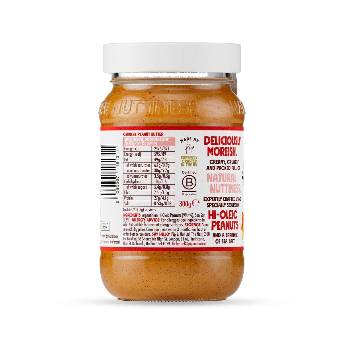 Pip & Nut crunchy peanut butter jar showing nutritional information and ingredients label on the back
