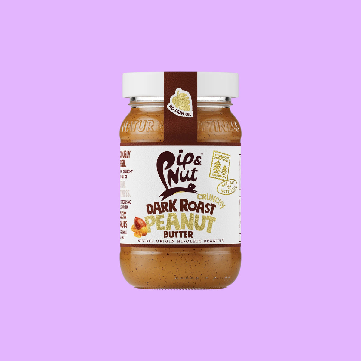 Pip & Nut Dark Roast Crunchy Peanut Butter jar with a white lid and label highlighting no palm oil.