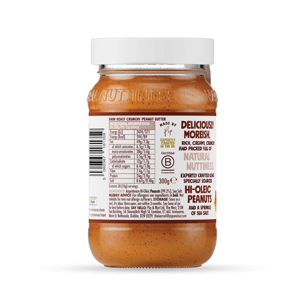 Pip & Nut Dark Roast Crunchy Peanut Butter jar showing nutritional information and ingredient details