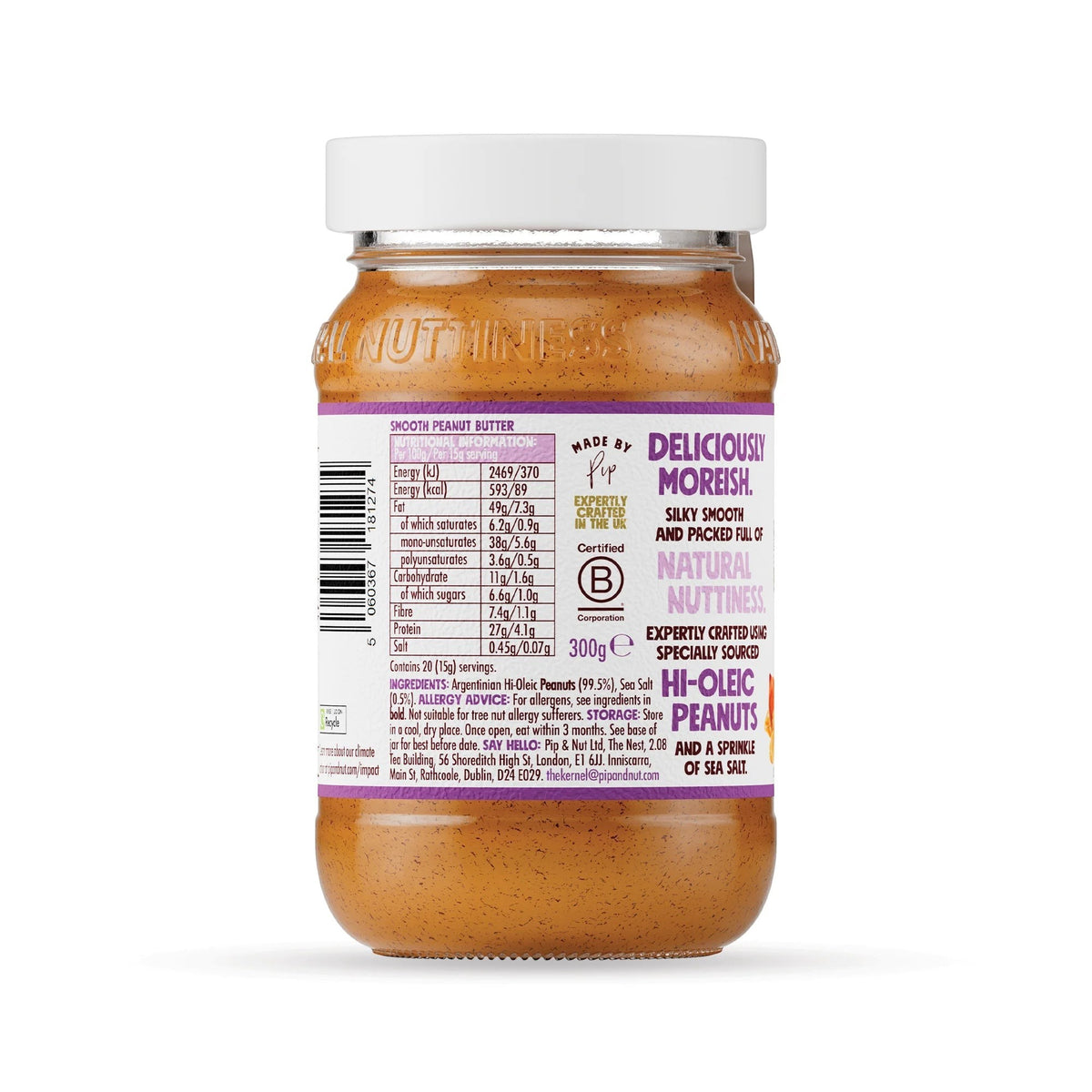 Pip & Nut smooth peanut butter jar showing nutritional information label and ingredients list on white background
