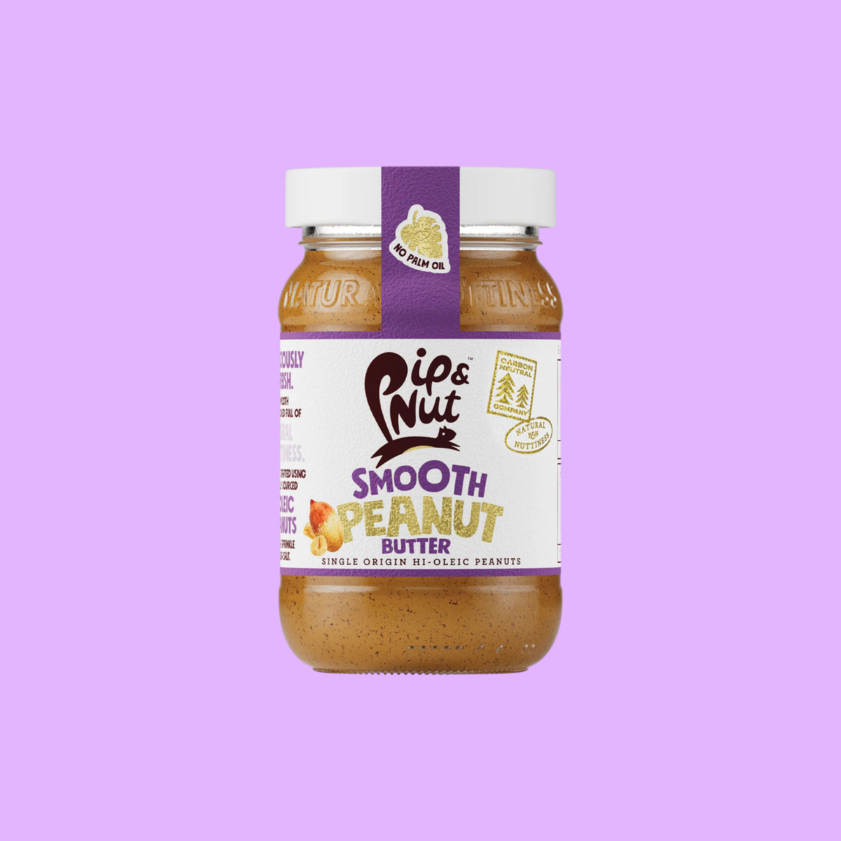 Pip & Nut smooth peanut butter in a glass jar with a purple label, made with Argentinian hi-oleic peanuts.