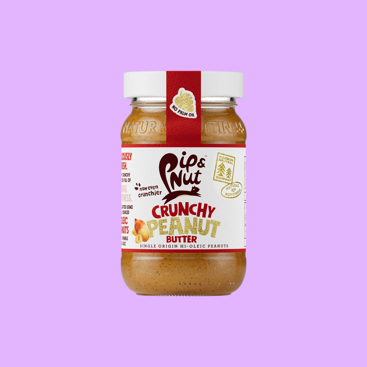 Pip & Nut crunchy peanut butter jar with red label, made from single-origin Argentinian hi-oleic peanuts, shown from a different angle.