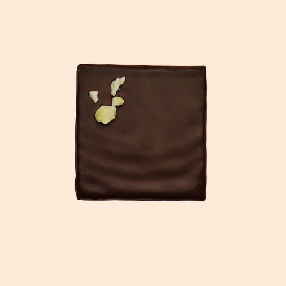 Cosmic Dealer dark chocolate square infused with Lion's Mane mushroom extract and topped with crunchy pistachio pieces