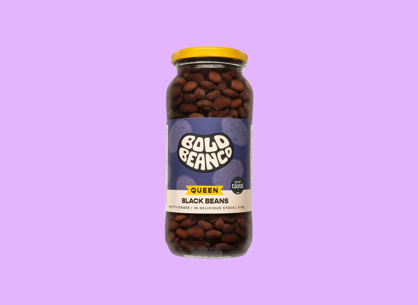 Bold Bean Co Queen Black Beans in a 570g glass jar with a yellow lid and purple label featuring Bold Bean Co branding.