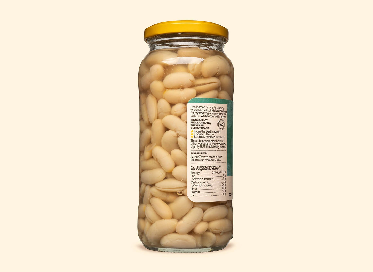 Bold Bean Co Queen white beans in a 570g glass jar with a yellow lid, showing nutritional information and product details.