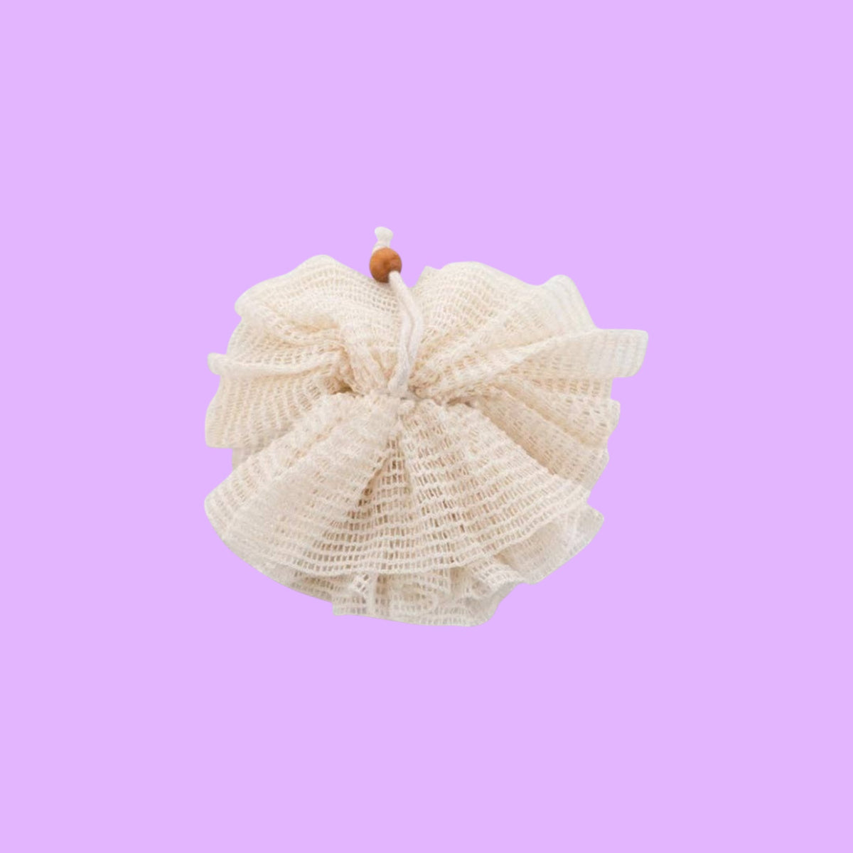Re:gn organic ramie mesh shower pouf in natural beige with a wooden bead detail for gentle body exfoliation