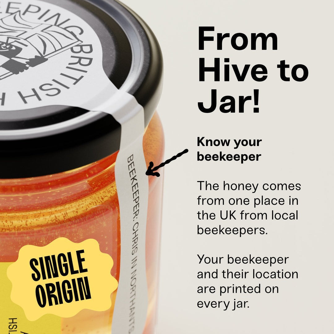 BRiMM Raw British runny summer honey in a glass jar with a label detailing the beekeeper and single-origin source.
