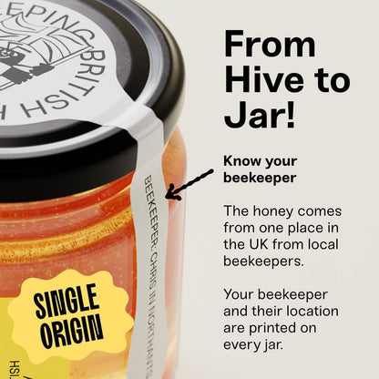 BRiMM Raw British runny summer honey in a glass jar with a label detailing the beekeeper and single-origin source.