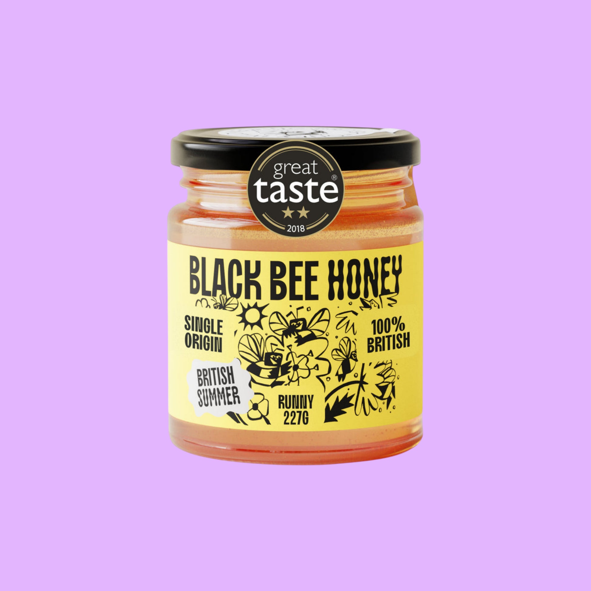 BRiMM Black Bee Honey jar of raw British runny summer wildflower honey with a Great Taste award label