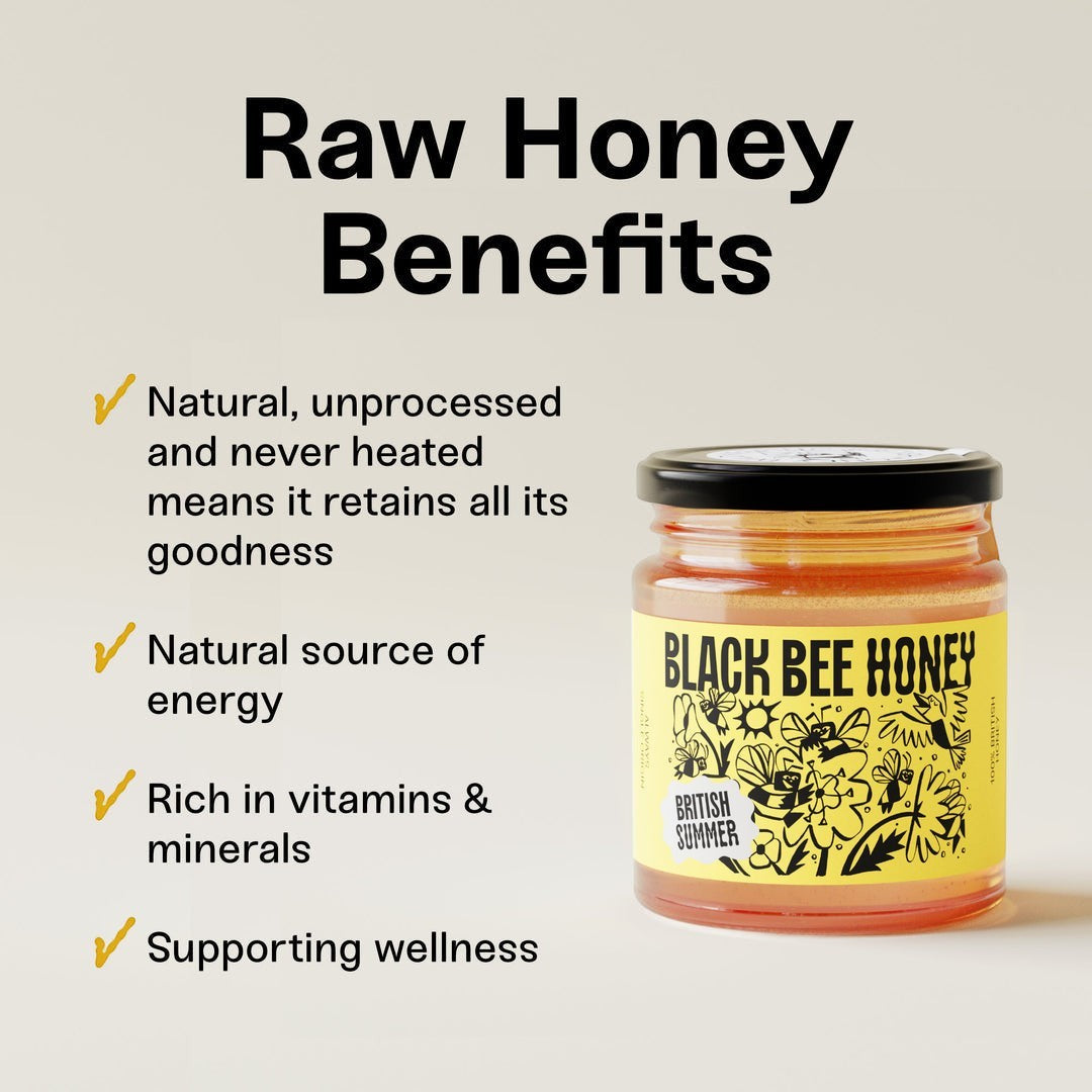 BRiMM Black Bee Honey jar of raw runny British summer honey with yellow floral label and list of health benefits