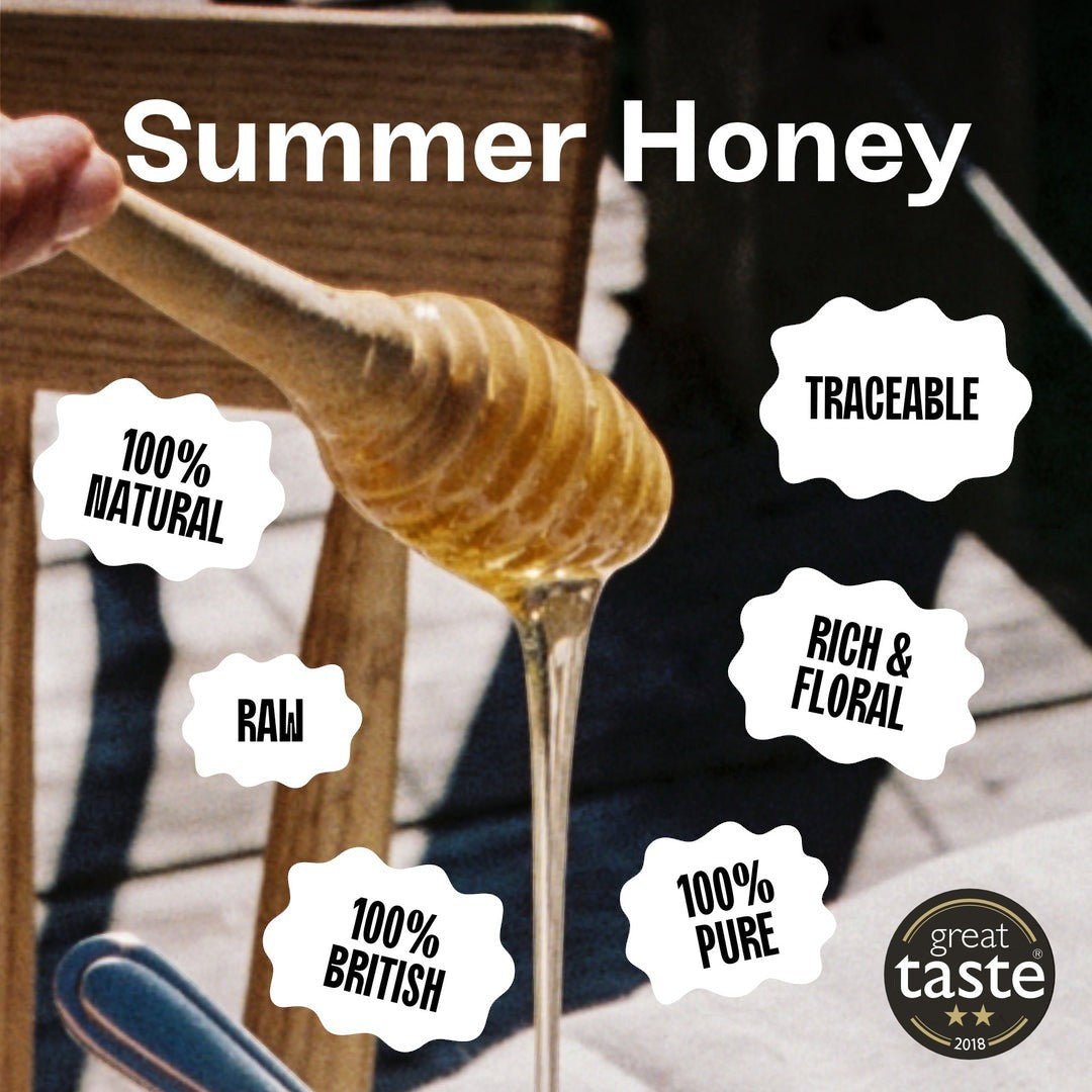 BRiMM raw British runny summer honey dripping from a wooden dipper with floral and natural product highlights