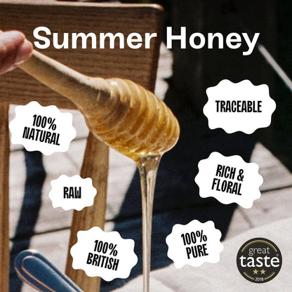 BRiMM raw British runny summer honey dripping from a wooden dipper with floral and natural product highlights