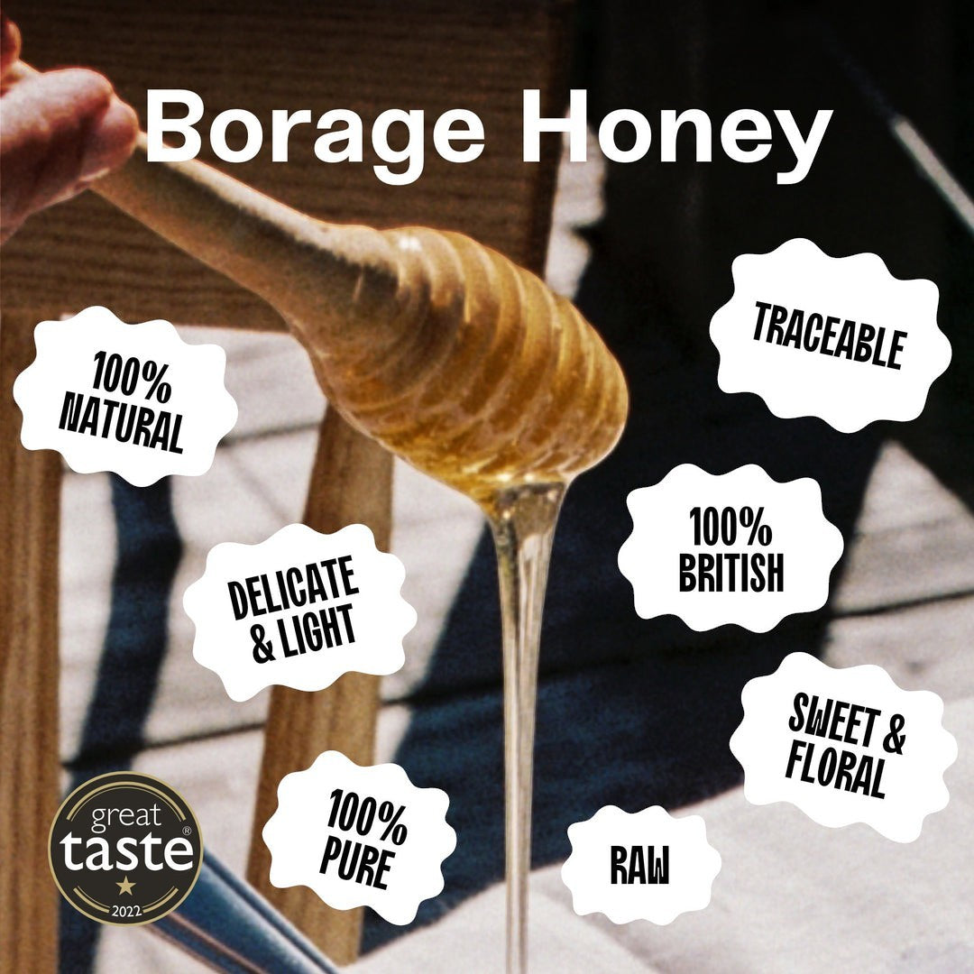 Black Bee Honey raw Starflower Borage honey dripping from a wooden dipper with text highlights about its natural quality
