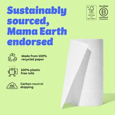 Who Gives A Crap double length kitchen roll made from 100% recycled paper, plastic-free and carbon neutral on a green background.
