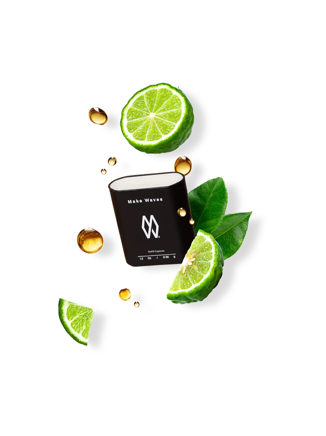 Make Waves refillable antiperspirant capsule in black with fresh bergamot slices and oil droplets