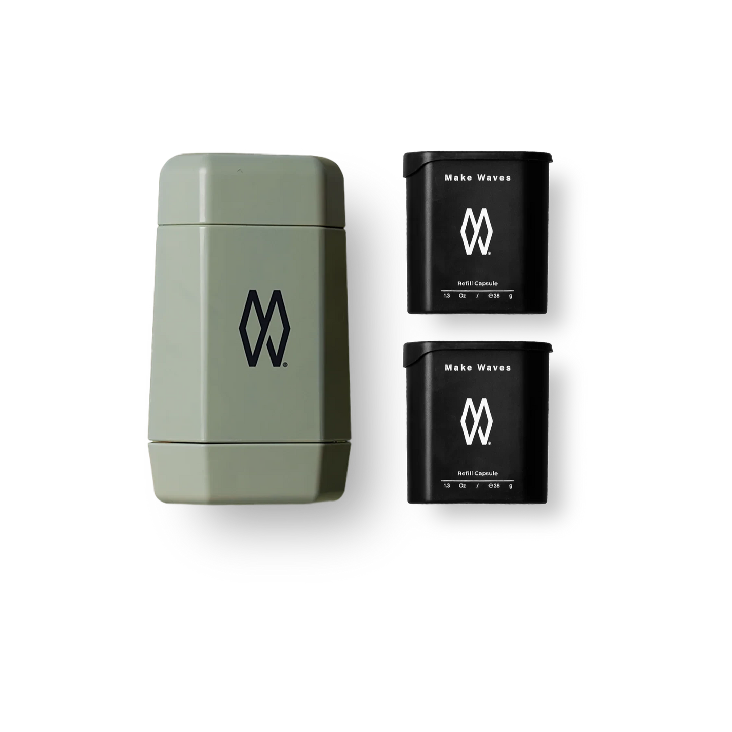 Make Waves refillable antiperspirant starter pack featuring a sage green case and two black refill capsules.