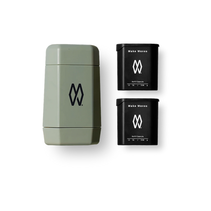 Make Waves refillable antiperspirant starter pack featuring a sage green case and two black refill capsules.