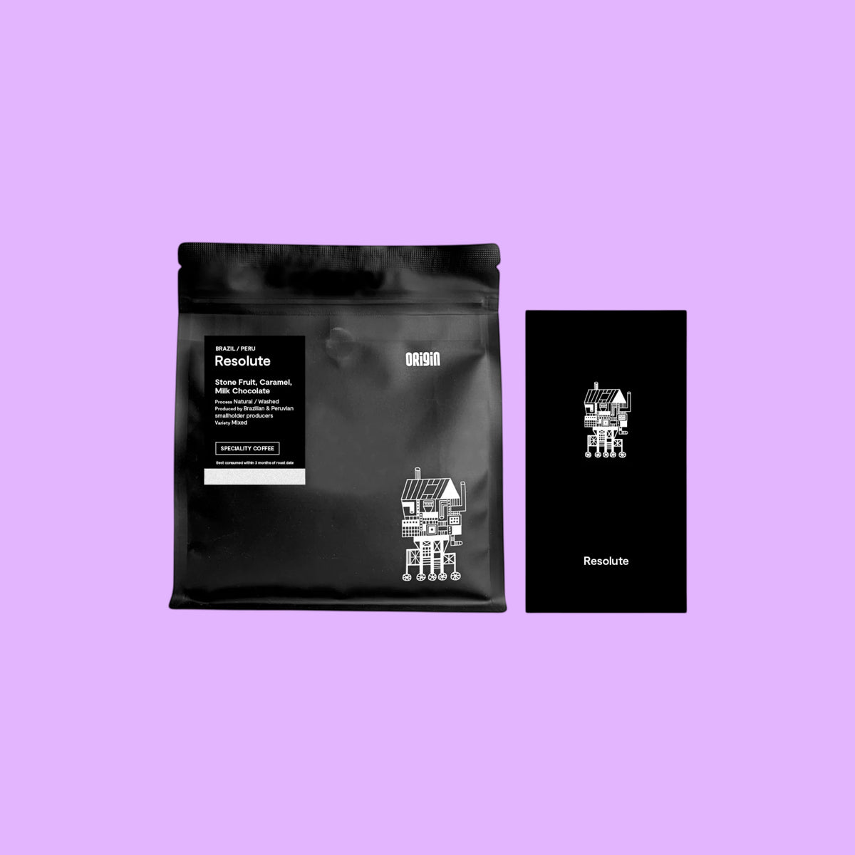 Origin Coffee Resolute whole bean coffee bag in black packaging with white text and graphic design on a light purple background