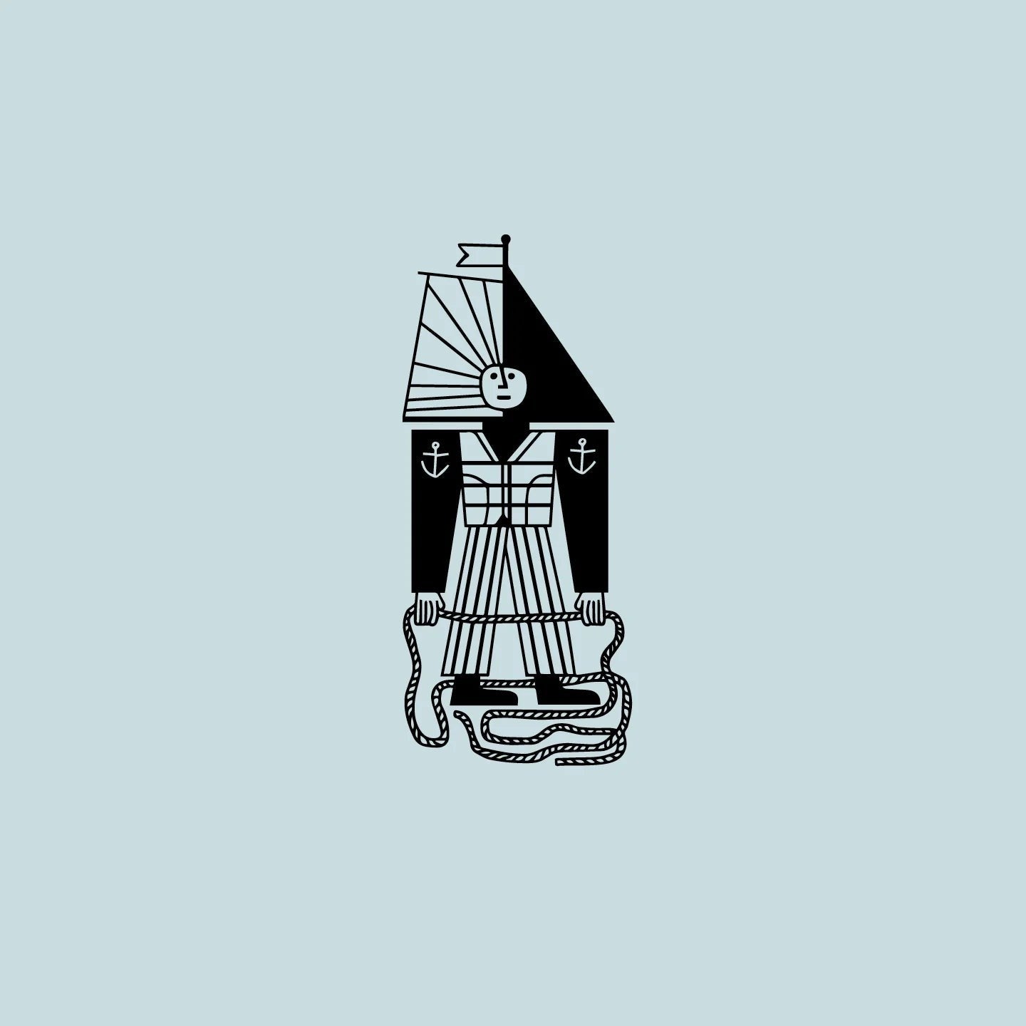 BRiMM Sail Ship Coffee logo featuring a stylized sailor figure with a ship sail head holding a rope on light blue