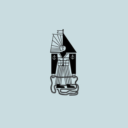 BRiMM Sail Ship Coffee logo featuring a stylized sailor figure with a ship sail head holding a rope on light blue